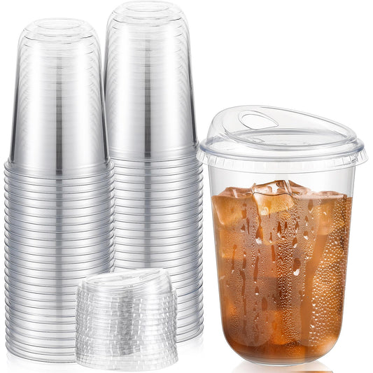 Ziliny 50 Sets Clear Plastic Coffee Cups with Sip Lids, Disposable Plastic PET Crystal Cups for Iced Coffee, Smoothie, Cold Beverage, Drink Shops and Party Catering(Clear,16 oz)