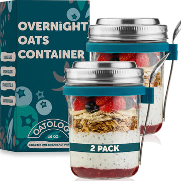 OATOLOGY Overnight Oats Containers with Lids & Spoons - Stainless Steel Lid Leakproof Glass Jars for Chia Pudding & Yogurt