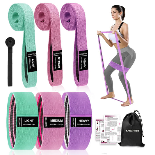 KANGFITER Long and Short Fabric Resistance Bands with Door Anchor, Non-Slip Stretch Booty Bands for Working Out Women & Men, Loop Exercise Elastic Bands for Home Physical Therapy Yoga Pilates