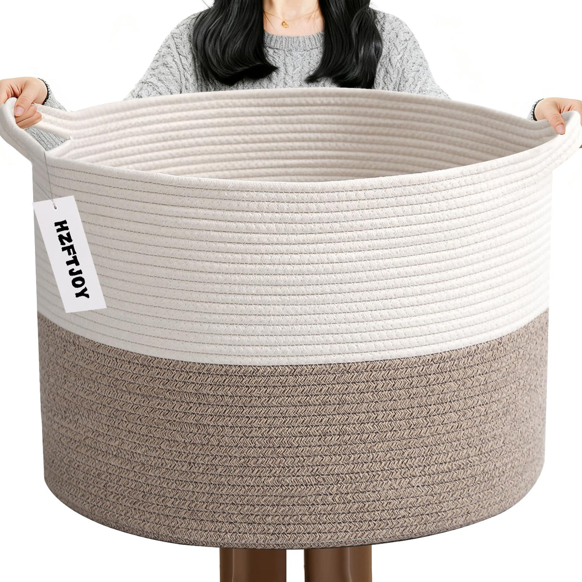 65L Large Woven Cotton Rope Blanket Basket with Handles, Laundry Hamper Storage Bin for Pillows, Clothes, Bedroom and Living Room Organization, White & Brown