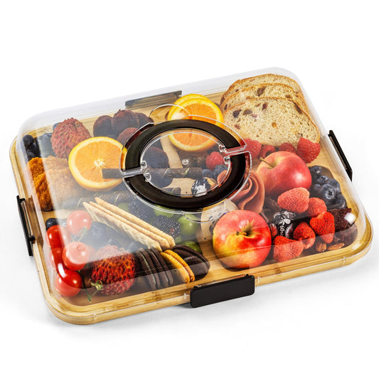 Charcuterie Board with Clear Lid, Portable 6-Compartment Cheese & Snack Tray, Reversible Bamboo Cutting Board, Secure Latch Closure for Picnics, Parties & Light Travel, Housewarming Gift