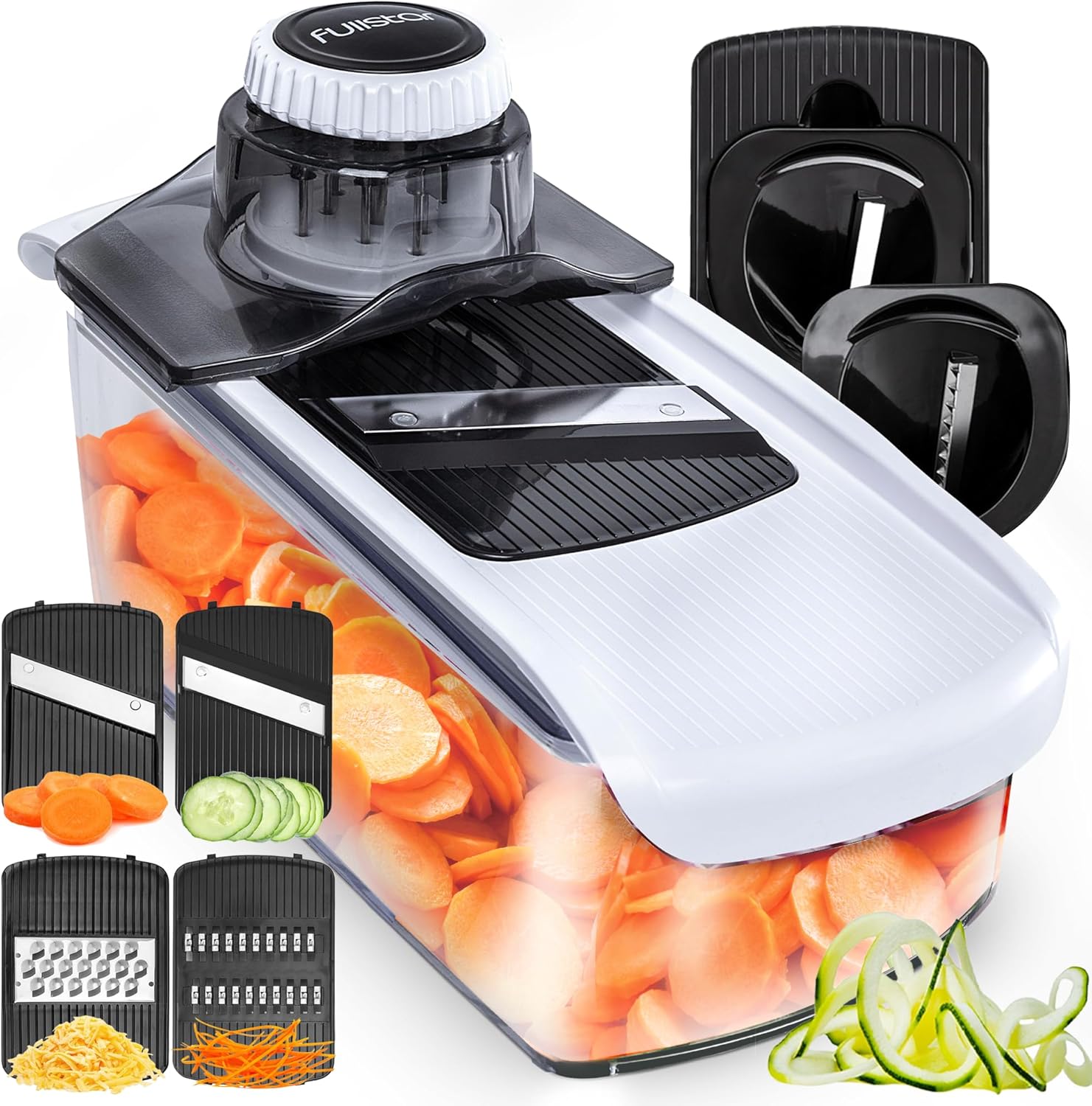 Fullstar Mandoline Slicer for Kitchen, Fruit Cutter, Cheese Grater, Cucumber Slicer, Veggie Spiralizer, Food Cutter & Kitchen Gadgets & Gifts with Safety Glove (6 in 1, White)