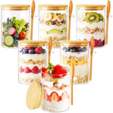 6 Pack Overnight Oats Containers with Lids and Spoons, 16oz Glass Jars with Bamboo Lids, Airtight Meal Prep Yogurt Containers for Breakfast, Parfait