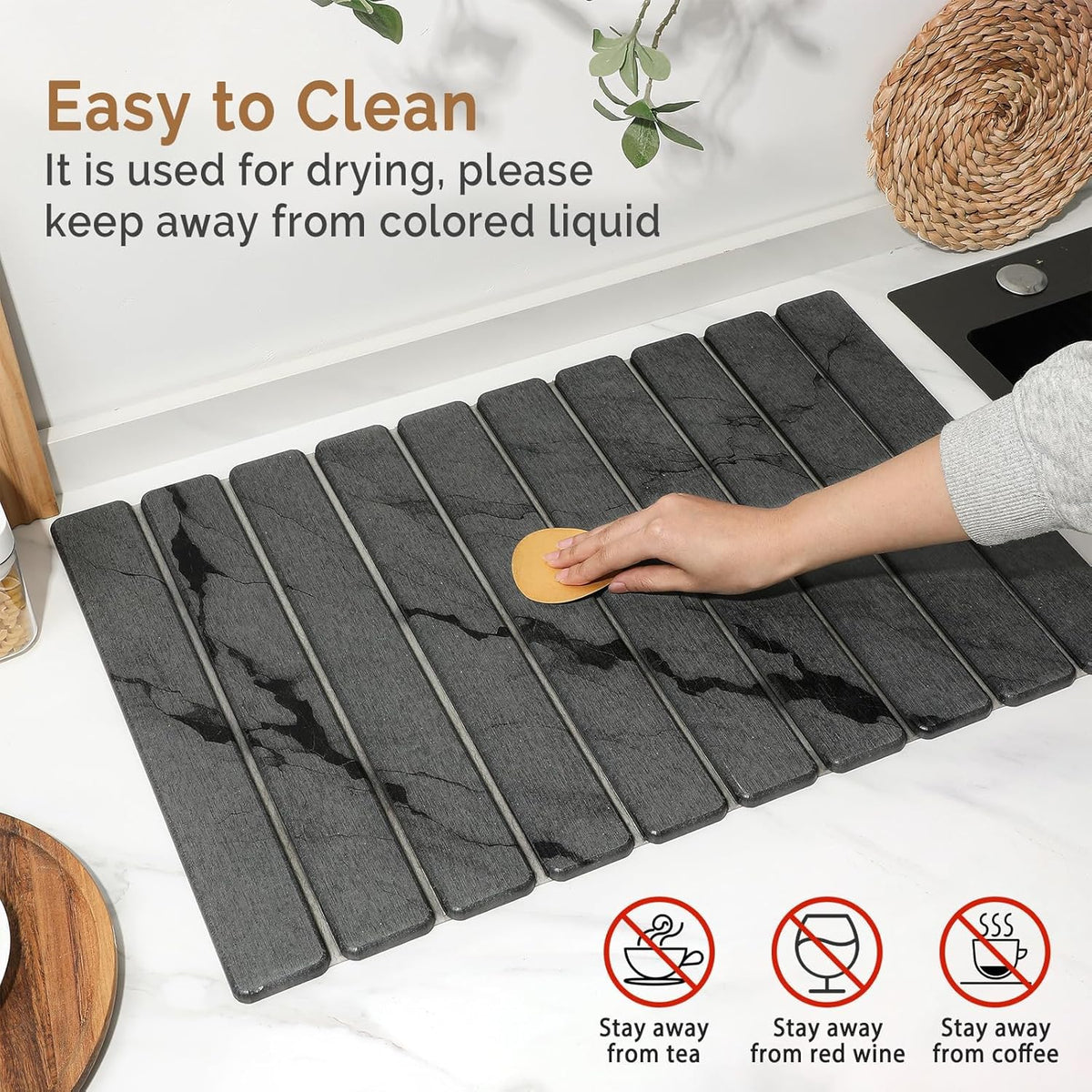 Large Stone Dish Drying Mat for Kitchen Counter,2 PCS Quick Dry Stone Dishes Mats,Foldable Water Absorbing Diatomaceous Earth Drying Pad for Countertop Bottles Utensils Cups(Dark Gray 24"×16" & 8"x4")
