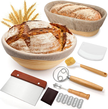 Sourdough Proofing Basket Gift Set, 9" Round and 10" Oval Banneton Bread Baking Supplies, Sourdough Baskets with Bread Lame, Danish Whish