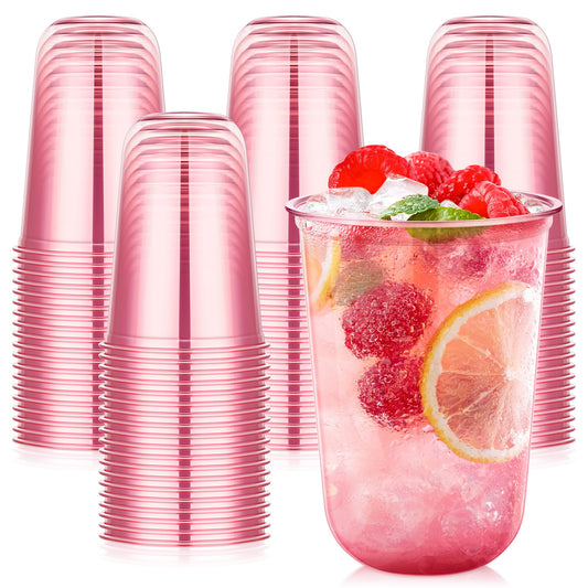 KesaPlan 50 Pcs Pink Plastic Cups, 16oz Disposable Stemless Wine Glasses Pink Clear Drinking Cup for Party Plastic Disposable Cup for Cocktail Party Wedding Birthday Valentine's Galentine's Day