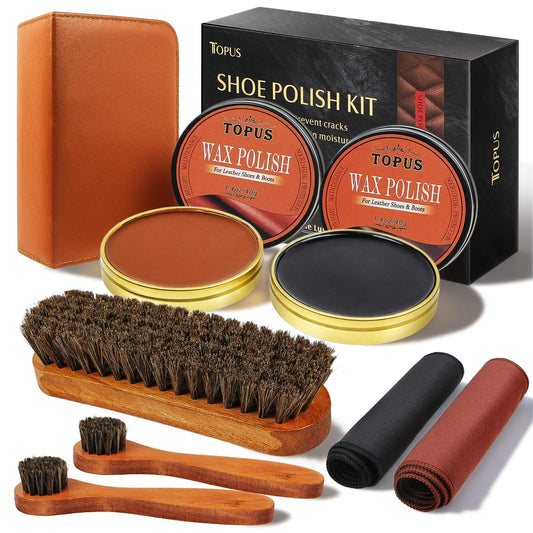 Topus 8 Pieces Shoe Polish Kit, Includes 2Pcs 1.4Oz Brown Shoe Wax, 3 Pieces Horsehair Boots Brushes, 2Pcs Shine Cloths