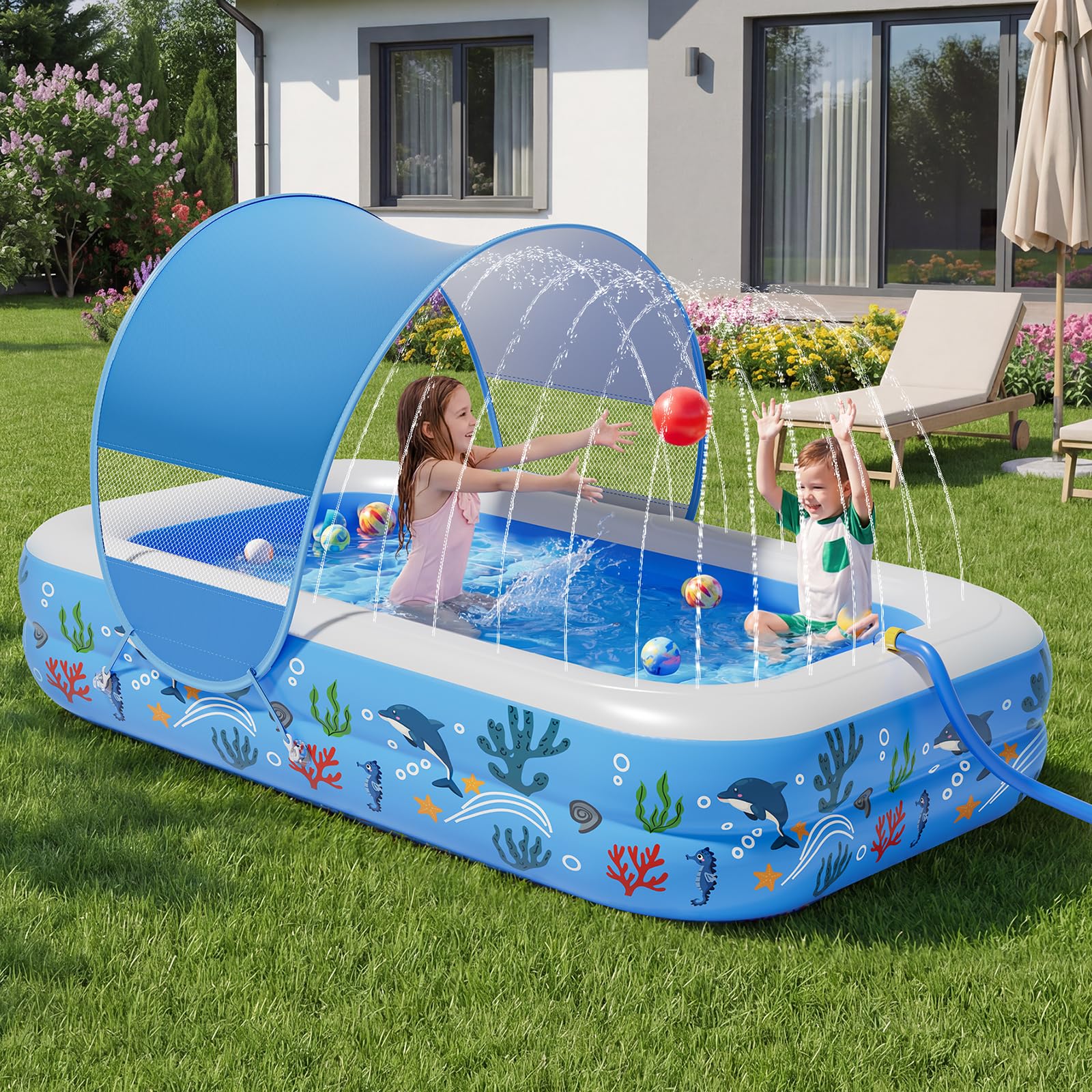 Verdenu Kiddie Pool with Sprinkler, Inflatable Baby Pool with Canopy and Soft Cushioned Floor, Toddler Pool Ball Pit for Backyard, Outdoor/Indoor Play