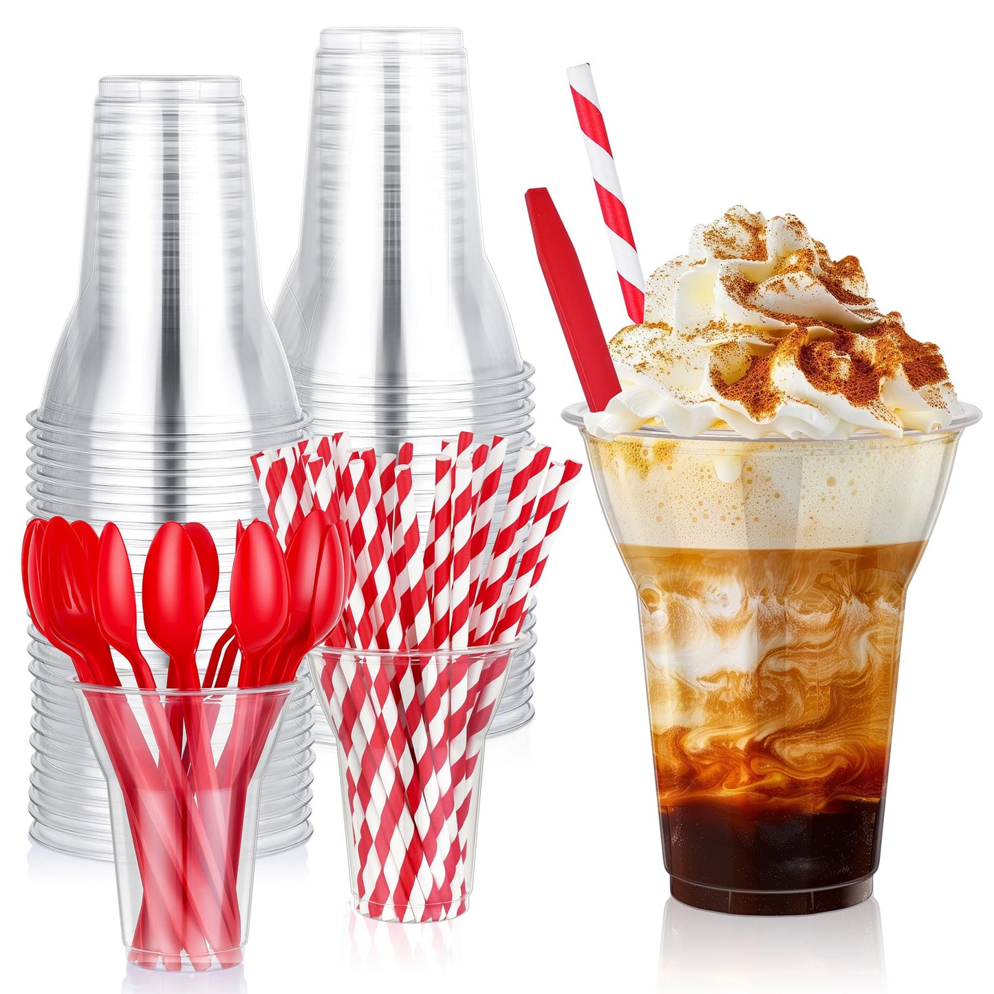 tchrules 50 PCS 12oz Plastic Parfait Cups with Spoons & Paper Straws, Disposable Root Beer Float Cups for Party, Clear Crystal Dessert Cup for Milkshake Ice Cream Sundae Cold Drinks Christmas Supplies