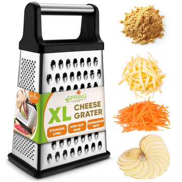 Spring Chef Professional Cheese Grater - Stainless Steel, XL Size, 4 Sides - Perfect Box Grater for Parmesan Cheese, Vegetables, Ginger