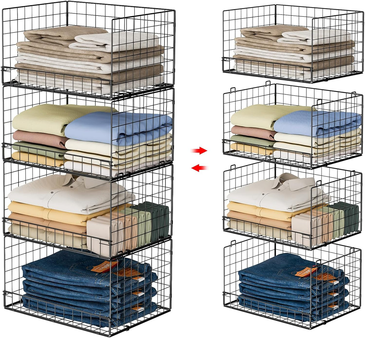 4-Tier Stackable Closet Organizers and Storage Shelves, Clothes Shelf Organizer Basket Bins, Foldable Sweater Storage for Closet Organizer System