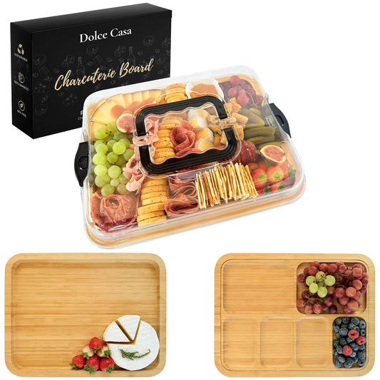 Charcuterie Board with Lid & Handle, 3-in-1, Portable Bamboo Serving Tray with Lid & Removable Snack Tray for Cheese, Fruit, Food, Cheese Platter for Picnic, Travel, Ready-to-Gift