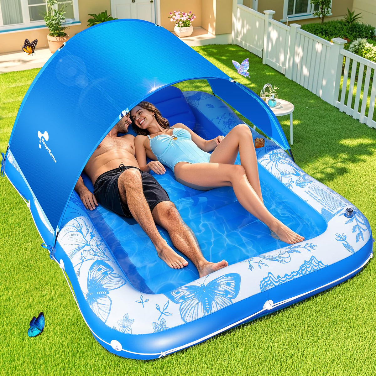 Inflatable Tanning Pool Lounger with Canopy,81"x 60" Large Tanning Floats for Adults, Butterfly Pool Lounger Float,Blow Up Tanning Water Bed with Cup&Phone Holder,Adults Tanning Pools for Backyard