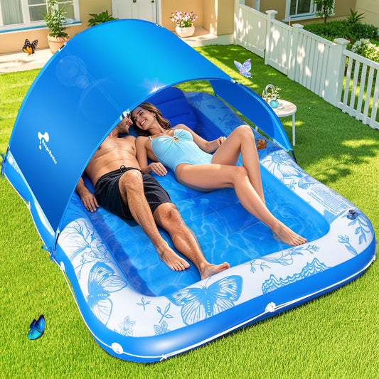 Inflatable Tanning Pool Lounger with Canopy,81"x 60" Large Tanning Floats for Adults, Butterfly Pool Lounger Float,Blow Up Tanning Water Bed with Cup&Phone Holder,Adults Tanning Pools for Backyard
