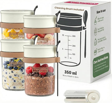 Overnight Oats Containers with Lids and Spoons (4 Pack) – 12oz Glass Jars for Yogurt Meal Prep, Chia Pudding & Snacks