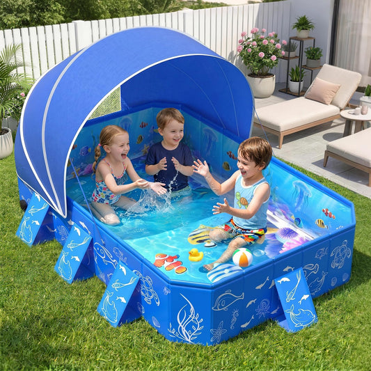FizZeal Kiddie Pool with Canopy,Baby Swimming Pool for Toddler,Non-Inflatable Portable Pool for Kid,Foldable Toddler Pool with Shade,Kids Pool for Backyard.Outdoor Pop Up Kiddie Beach Pool 53"x40"x33'