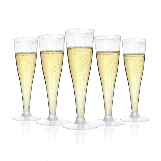 Bestluck 100 Pack Champagne Flutes Plastic, 4.5 oz Silver Glitter Plastic Disposable Stemware, Disposable Champagne Flutes for Party, Mimosa Bar, Wedding, Anniversary and Graduation