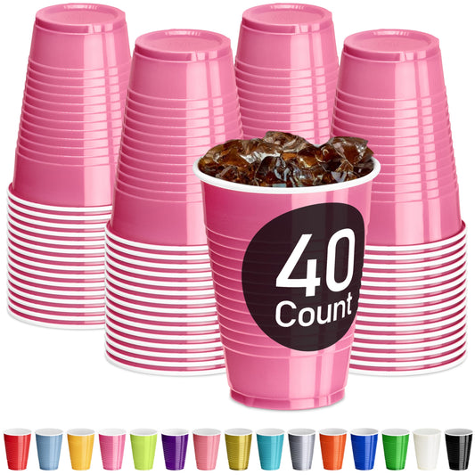DecorRack Pink Plastic Cups, 12 oz Disposable Cups, Reusable Party Supplies (40 Count)