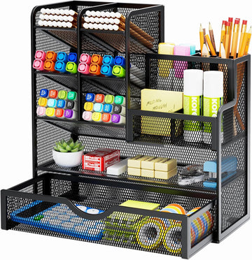 Marbrasse Mesh Pen Holder for Desk, Multi-Functional Pencil Organizer with Drawer, Desk Organizers and Accessories for Office Art Supplies (Black)