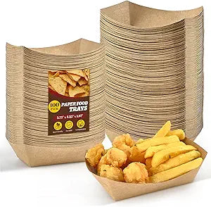Ocmoiy 1lb Paper Food Trays, 100 Pack Heavy Duty Kraft Food Boats Holders Disposable Serving Basket Trays for Nachos, Fries, BBQ, Festivals, Party