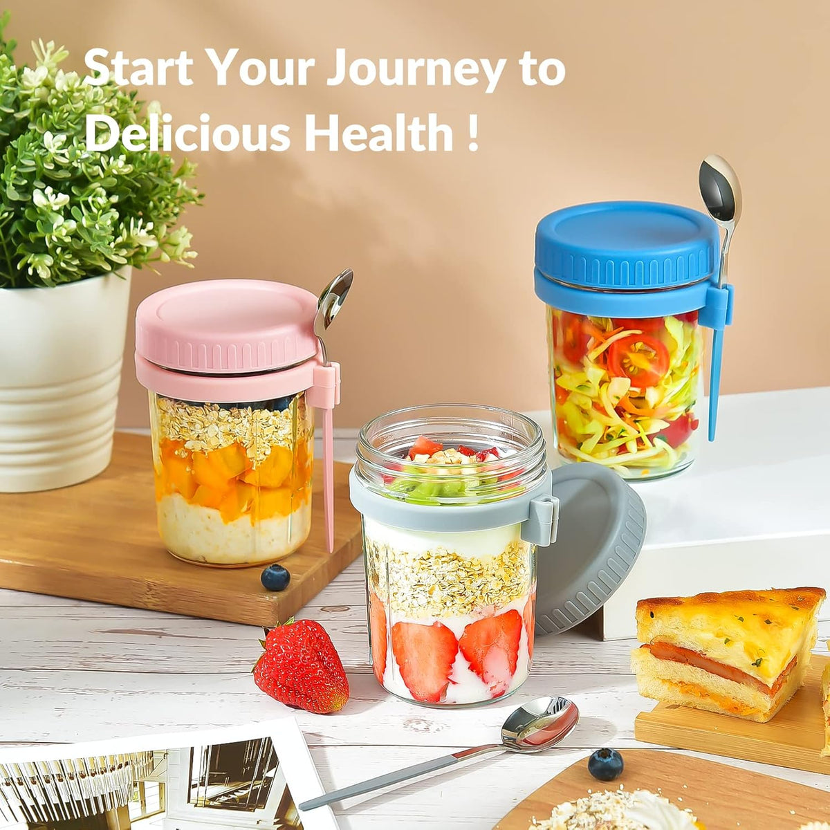 4 Pack Overnight Oats Containers with Lids and Spoons - DRKIO 16 Oz Glass Mason Jars for Overnight Oats Leak Proof Oatmeal Container Great for Cereal Fruit Vegetable Milk Salad Yogurt Meal Prep