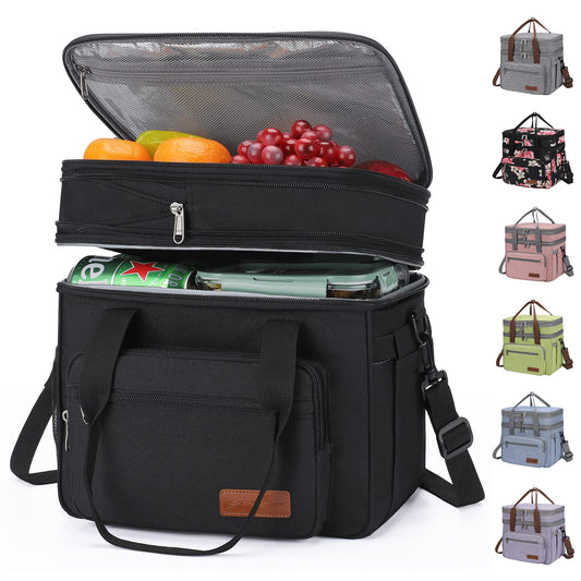 Maelstrom Lunch Box, 23L Insulated Lunch Bag, Expandable Double Deck Cooler Bag, Lightweight Leakproof Tote Bag With Side Tissue Pocket, Suit For Men and Women (A. Black)