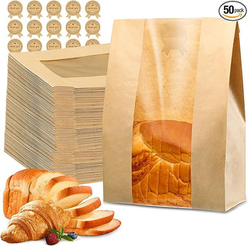 50 Pcs Bread Bags for Homemade Bread, Sourdough Paper With Window, 50% Thicker 13.7x8.2x3.7in A Large Bakery Bags Used for Storage Cookies & Snacks