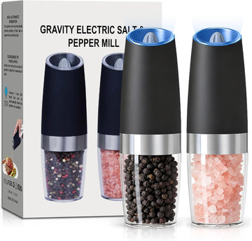 Gravity Electric Salt and Pepper Grinder set of 2, Automatic Salt And Pepper Grinder Set, Adjustable Roughness, Battery Powered, LED Light, 2 Pack