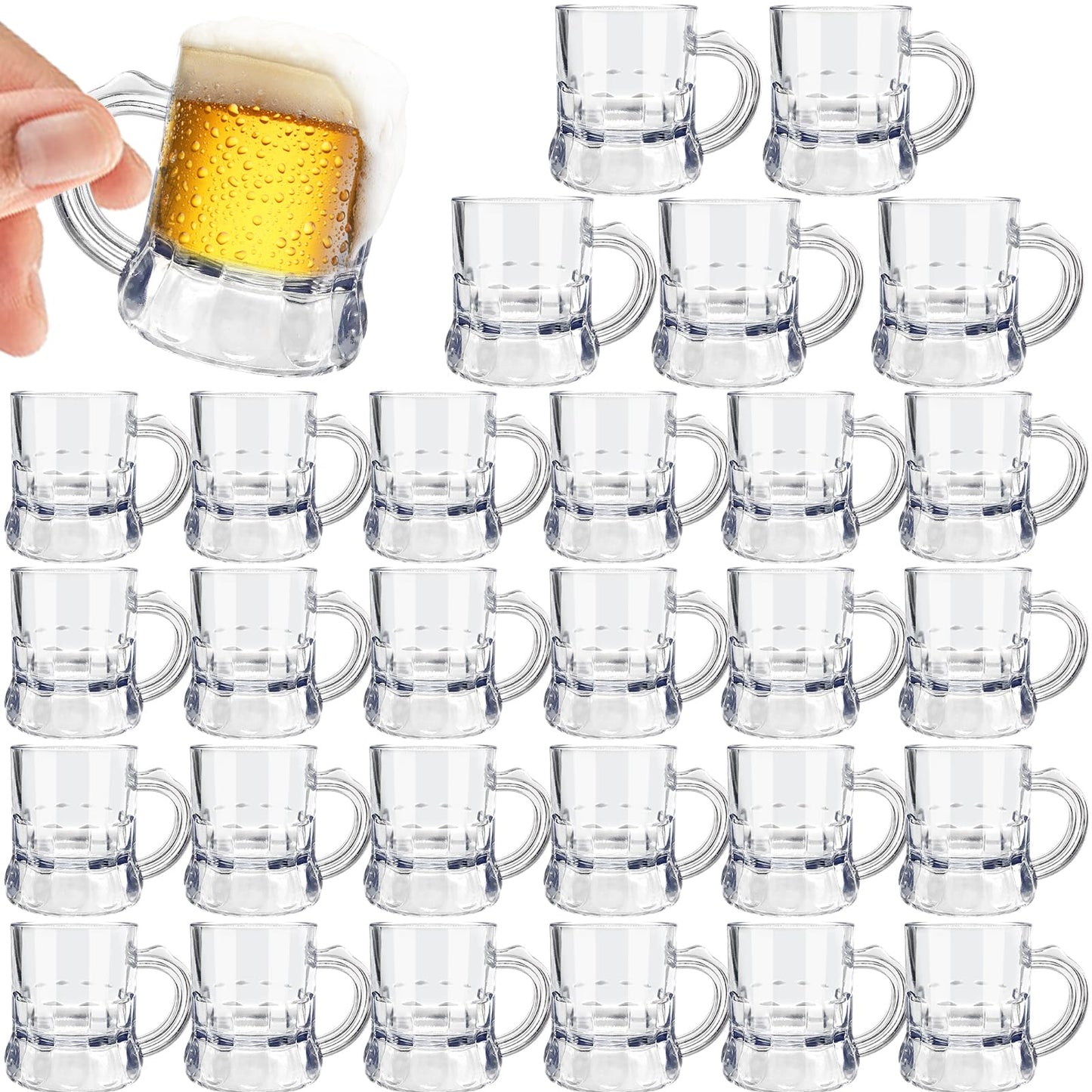 Irrmshr 30 Pcs Mini Plastic Beer Mugs, 1 oz Clear Plastic Shot Glasses with Handles, Reusable Beer Stein Tasting Glasses for Drinking, Festival, Party, BBQ