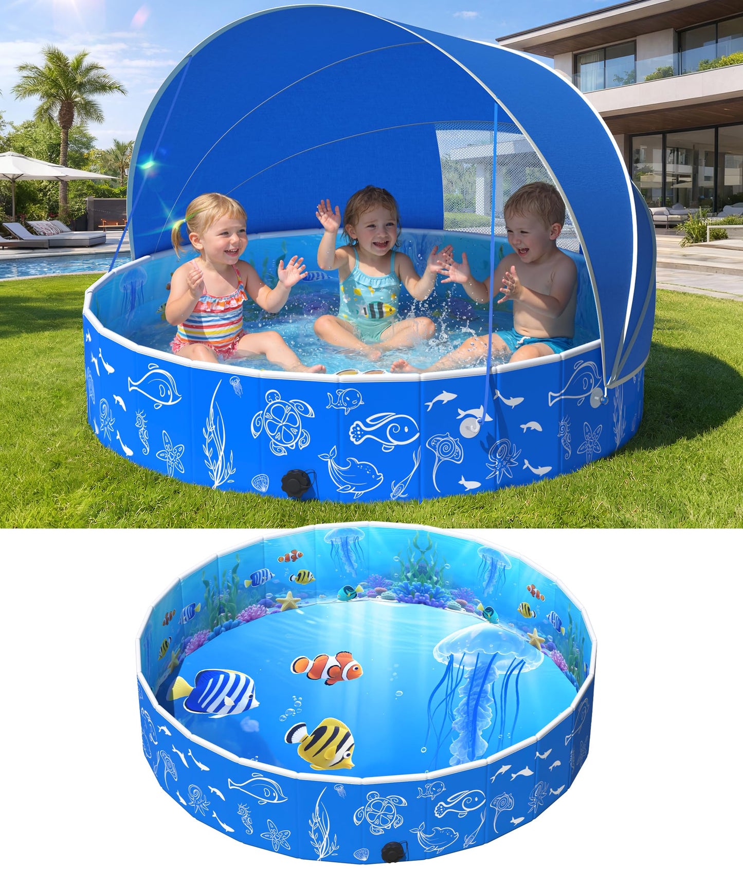 FizZeal Kiddie Pool with Canopy, 51in Foldable Toddler Pool,Pop Up Baby Pool with Shade,UPF 50+UV Portable Swimming Pool for Kids,Collapsible Baby Pool for Beach, Outdoor Toddler Pool for Backyard