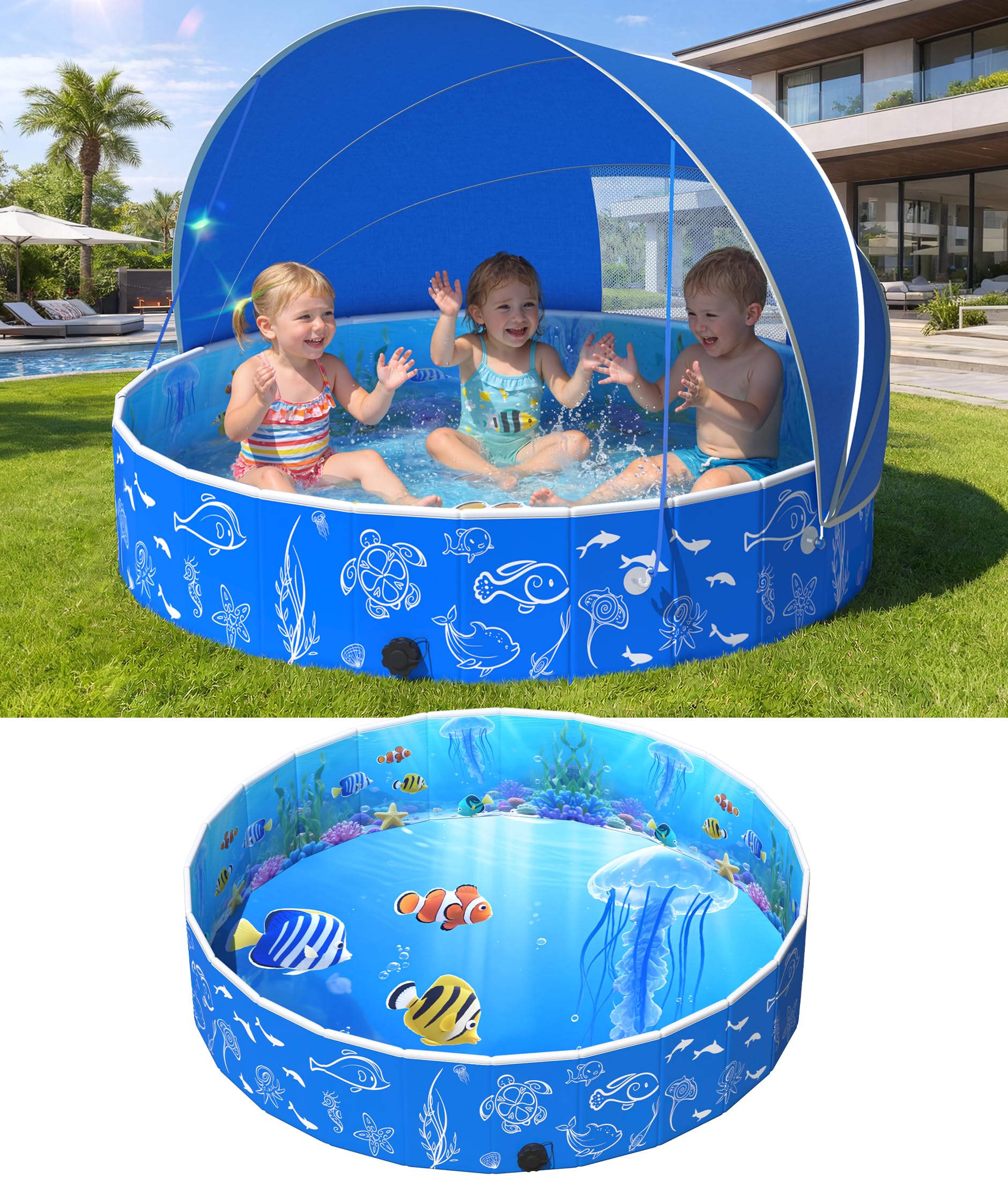 FizZeal Kiddie Pool with Canopy, 51in Foldable Toddler Pool,Pop Up Baby Pool with Shade,UPF 50+UV Portable Swimming Pool for Kids,Collapsible Baby Pool for Beach, Outdoor Toddler Pool for Backyard