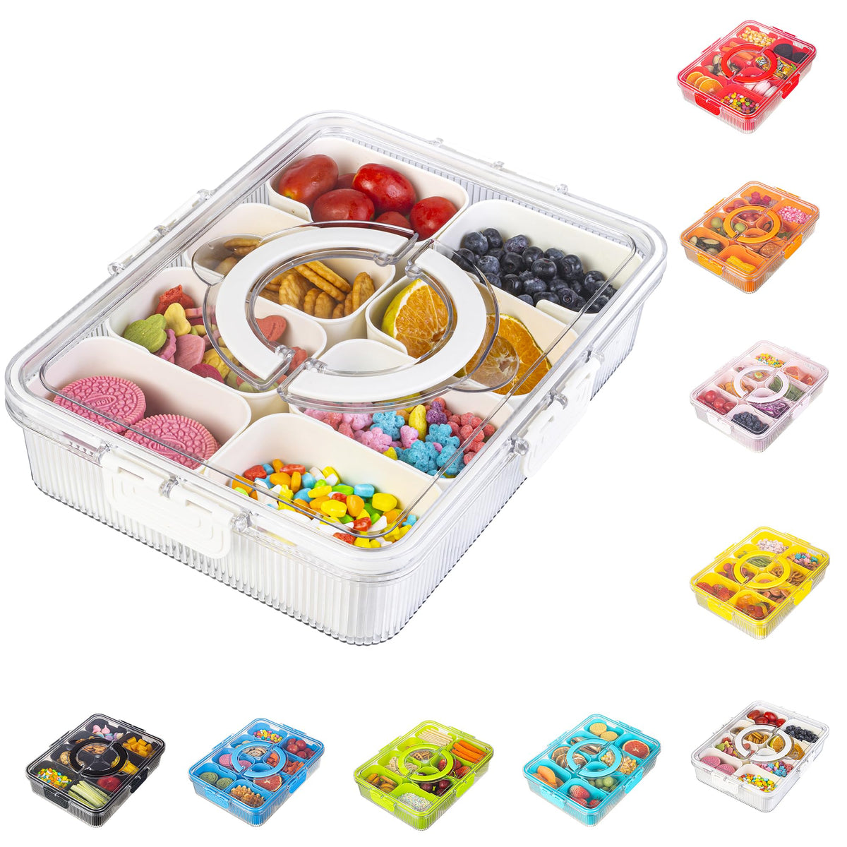 Patent Design Ribbed Snackle Box Container Snack Container Divided Serving Tray with Lid and Handle, 8 Divider Portable Snacklebox for Travel Beach for Charcuterie Veggie Fruit Candy,1 Pack