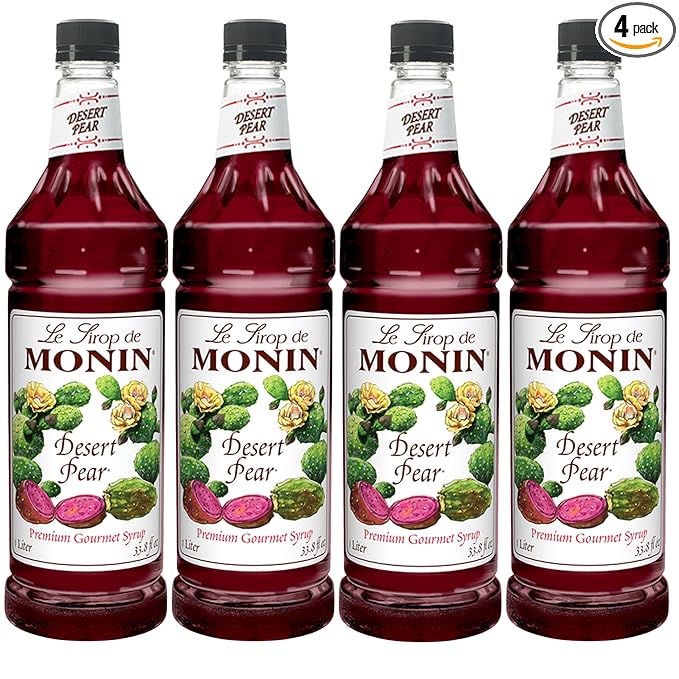 Monin - Desert Pear Syrup, Bold Flavor of Prickly Pear Cactus, Natural Flavors, Great for Iced Teas, Lemonades, Cocktails, Mocktails, and Sodas, Non-GMO, Gluten-Free (1 Liter, 4-Pack)