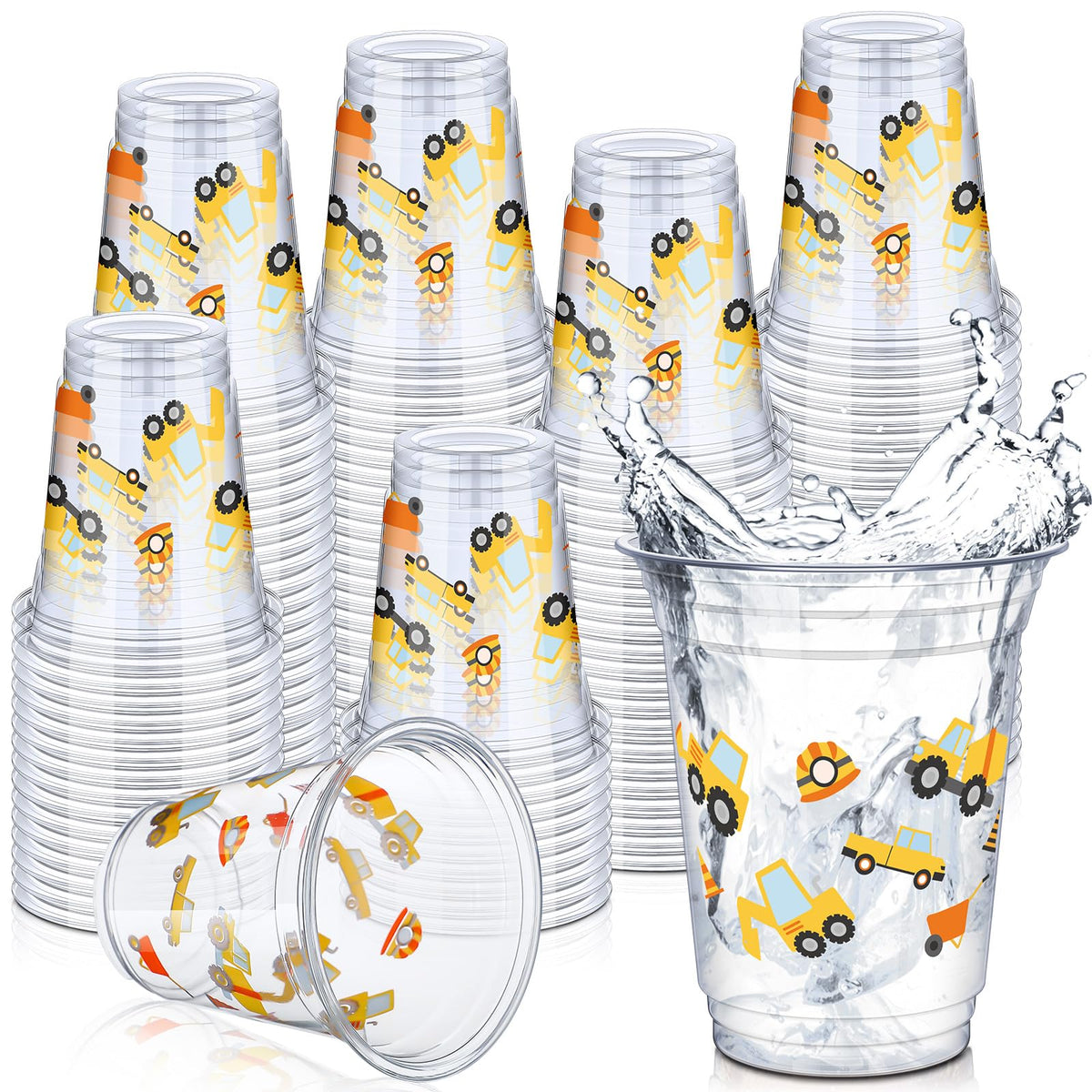 Uiifan 50 Pcs Construction Cups Construction Birthday Party Supplies 12 oz Theme Plastic Cups Disposable Dump Truck Traffic Glasses for Home Birthday Party Favors Supplies Decoration(Stylish)