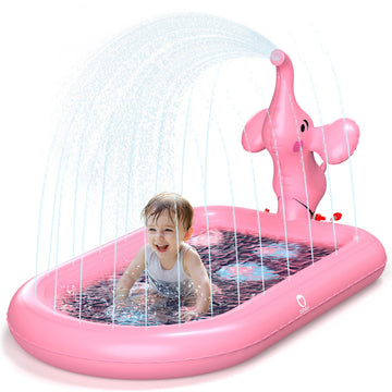 QPAU Splash Pads for Toddlers 1-3, Pink Elephant Toy Splash Pad for Kids, Outdoor Play Mat for Babies, Inflatable Sprinkler Pool