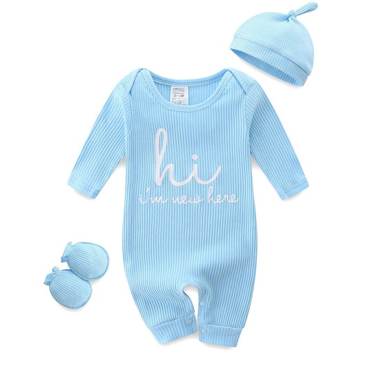 Baby Romper with Baby Mittens & Newborn Hats Footless Long Sleeve Solid Onesie Hi Im New Here