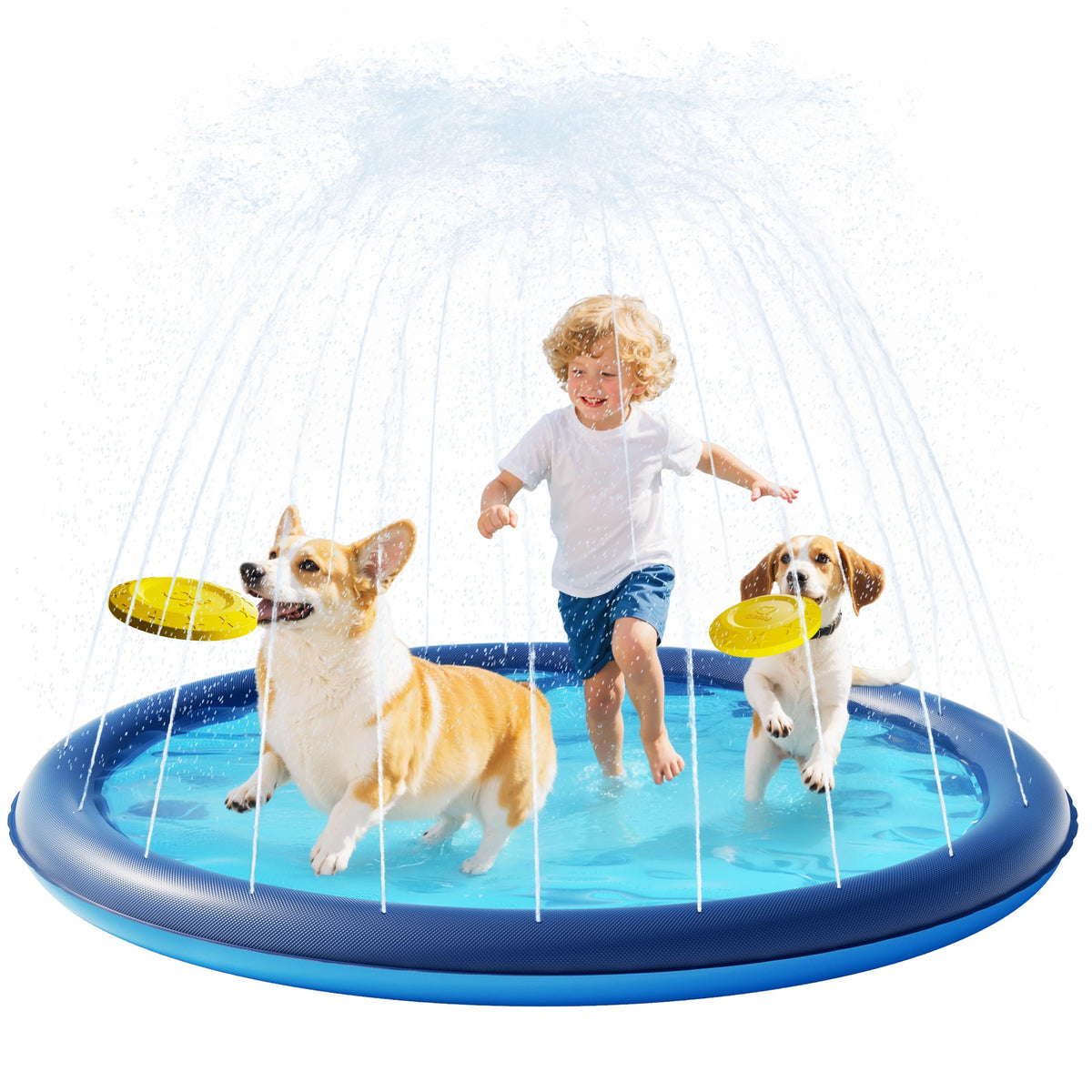 QPAU Splash Pad with Flying Disc for Dogs & Kids – 67" Extra-Thick 0.52mm Non-Slip Sprinkler Pool, Leakproof Water Play Mat for Toddlers, Babies, Pets, Outdoor Summer Toy