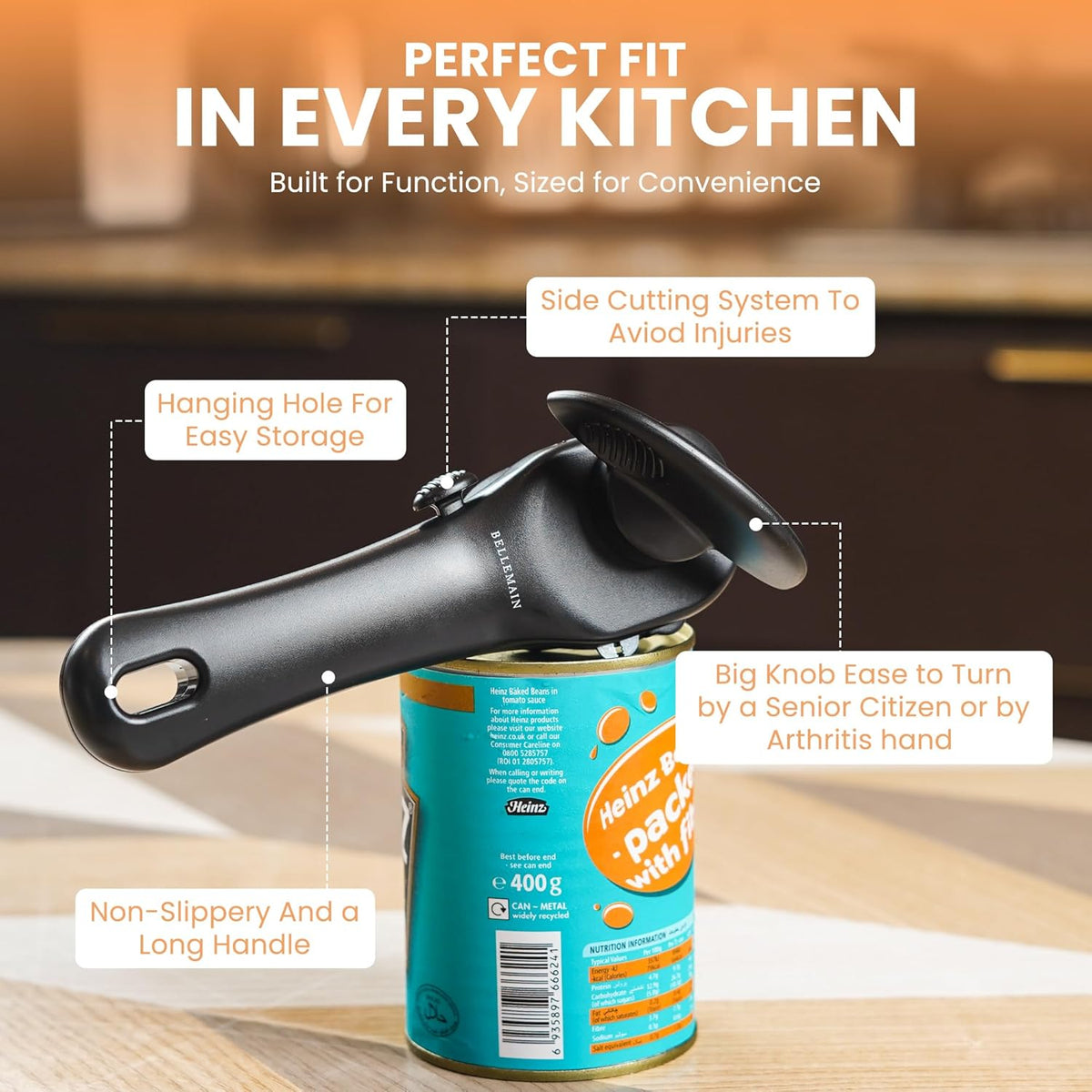 Bellemain Stainless Steel Can Opener – Manual Can Opener For seniors - Ergonomic Smooth edge Can Opener Hand Held Heavy Duty – Easy to use can opener safe cut