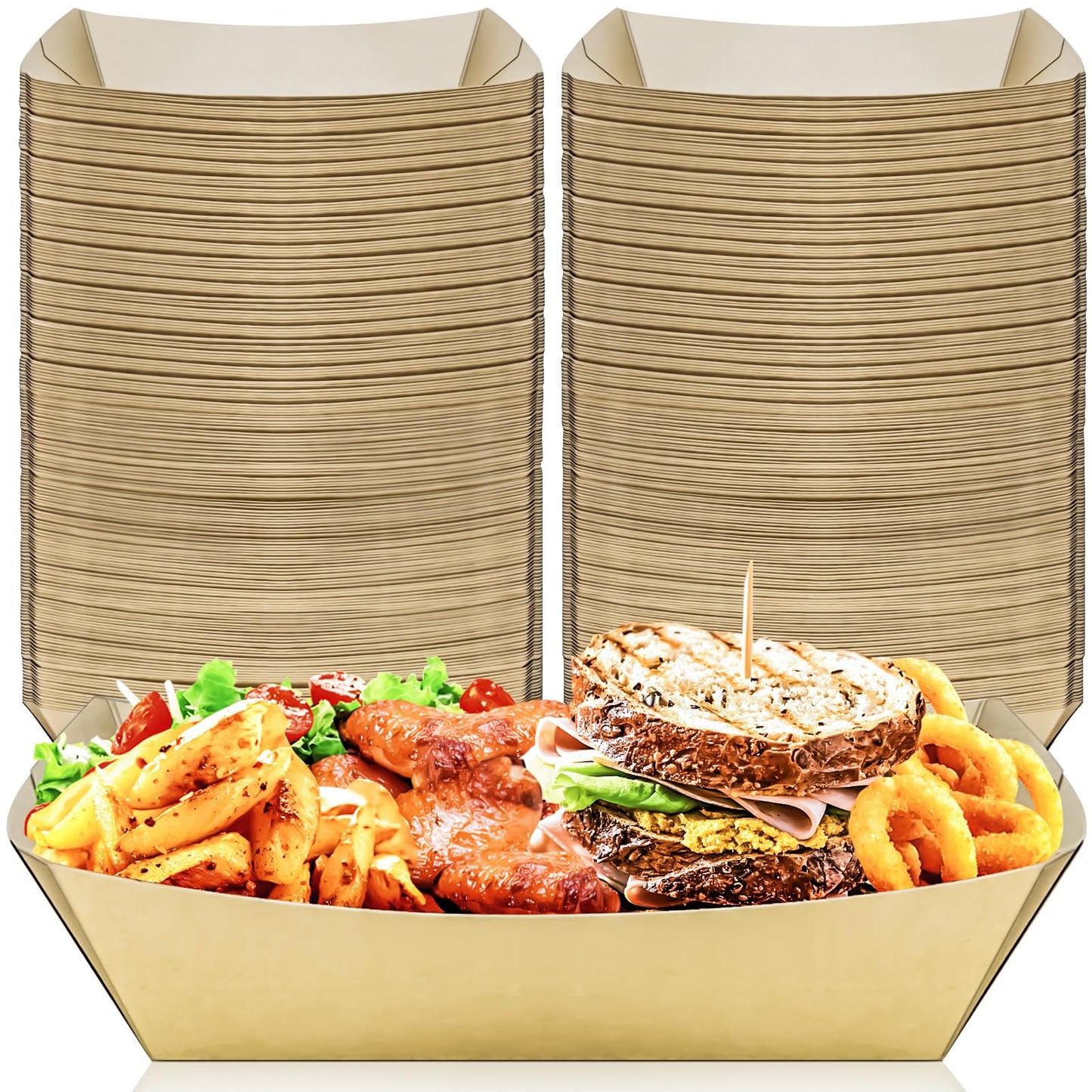 100 Pack 5LB Extra Large Paper Food Boats Trays Disposable Paper Boat, Heavy Duty Kraft Food Serving Tray Boat Basket for Snack Popcorn Sandwich Burger Taco BBQ Dessert Fries Nacho