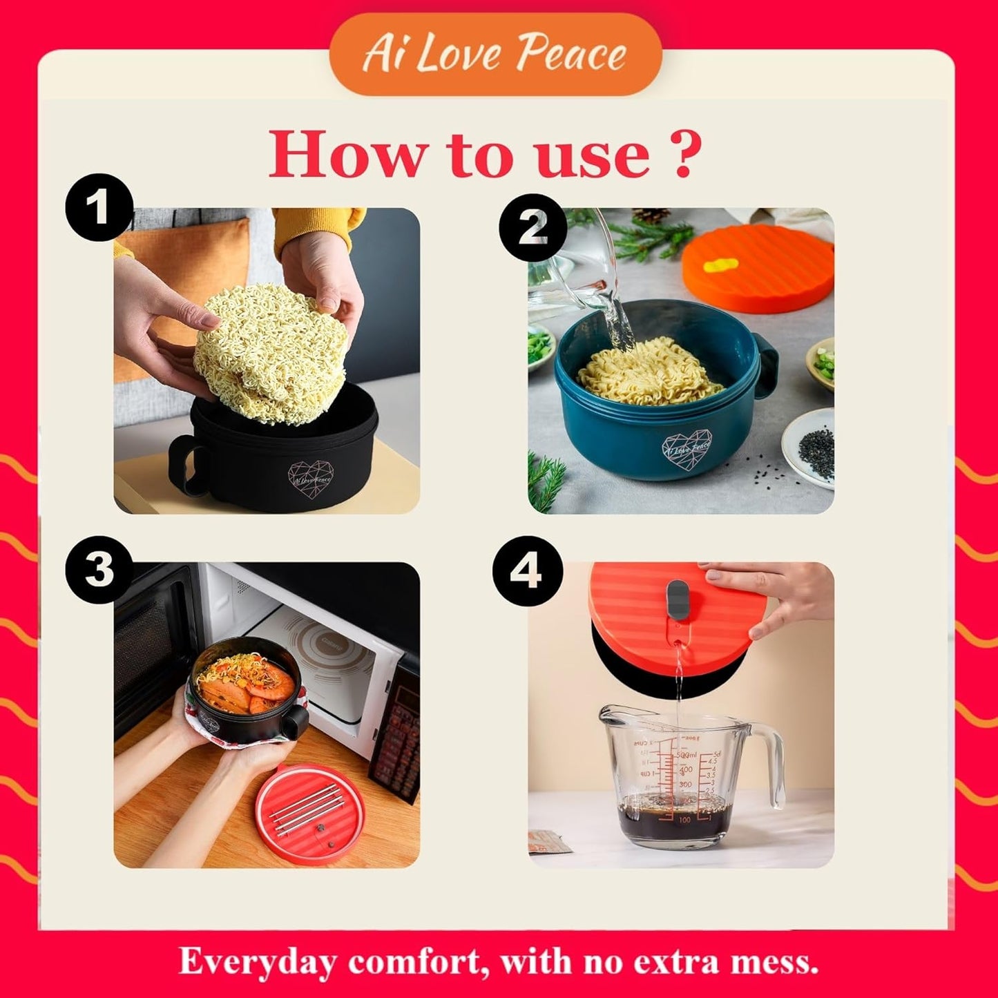 AI LOVE PEACE Microwaveable Ramen Noodle Bowl Cooker 40oz for Ramen, Rice, Pho, Soup, and Pasta, Dishwasher Safe and Portable, Ideal for Home, Office, Dorm, or Gift (Red)