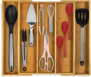 Purawood Kitchen Drawer Organizer - Expandable Utensil Drawer Organizer for Kitchen, Cutlery Tray & Silverware Organizer, 3-5 Slots