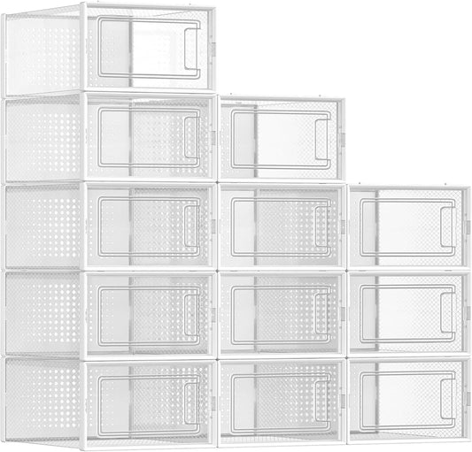 SONGMICS Shoe Boxes, Pack of 12 Shoe Storage Organizers, Stackable Clear Plastic Boxes for Closet, Sneakers, 13.1 x 9.1 x 5.6 Inches