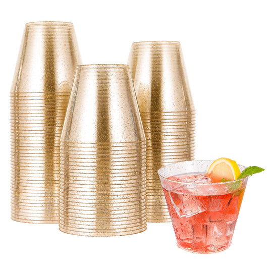JOLLY CHEF 100 Pack 9 oz Gold Plastic Cups, Disposable Gold Glitter Plastic Cups Perfect for Wedding Thanksgiving, Christmas Party Cups