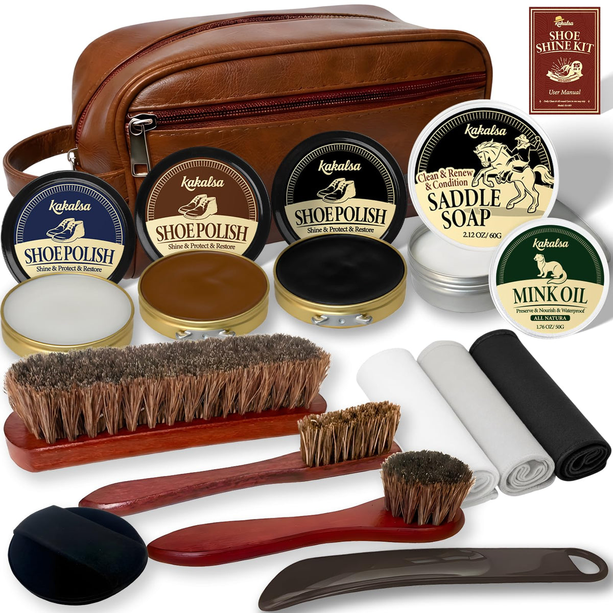 Shoe Shine Kit, Mens Gifts Ideas - 15PCS Shoe Polish Kit with Saddle Soap, Mink Oil, 3 Shoe Polishes, 3 Shoe Brushes and more, All-inclusive Leather Care Kit for Leather Shoe Boot Cleaning and Care