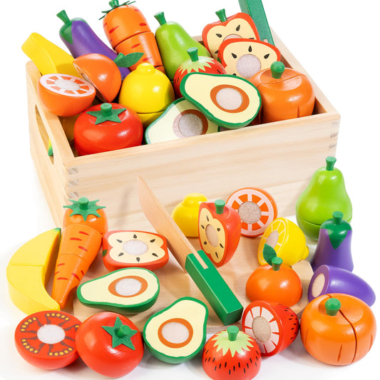 Wooden Play Food for Toddlers, Fruit & Veggies Cutting Set for Play Kitchen