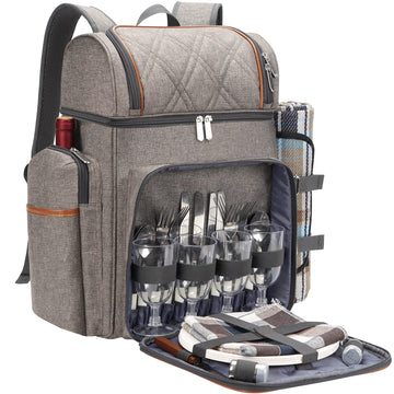 Picnic Backpack for 4, Picnic Basket Set, Leakproof Picnic Bag, Beach Cooler Backpack with Insulated Cooler Wine Pouch, Picnic Blanket