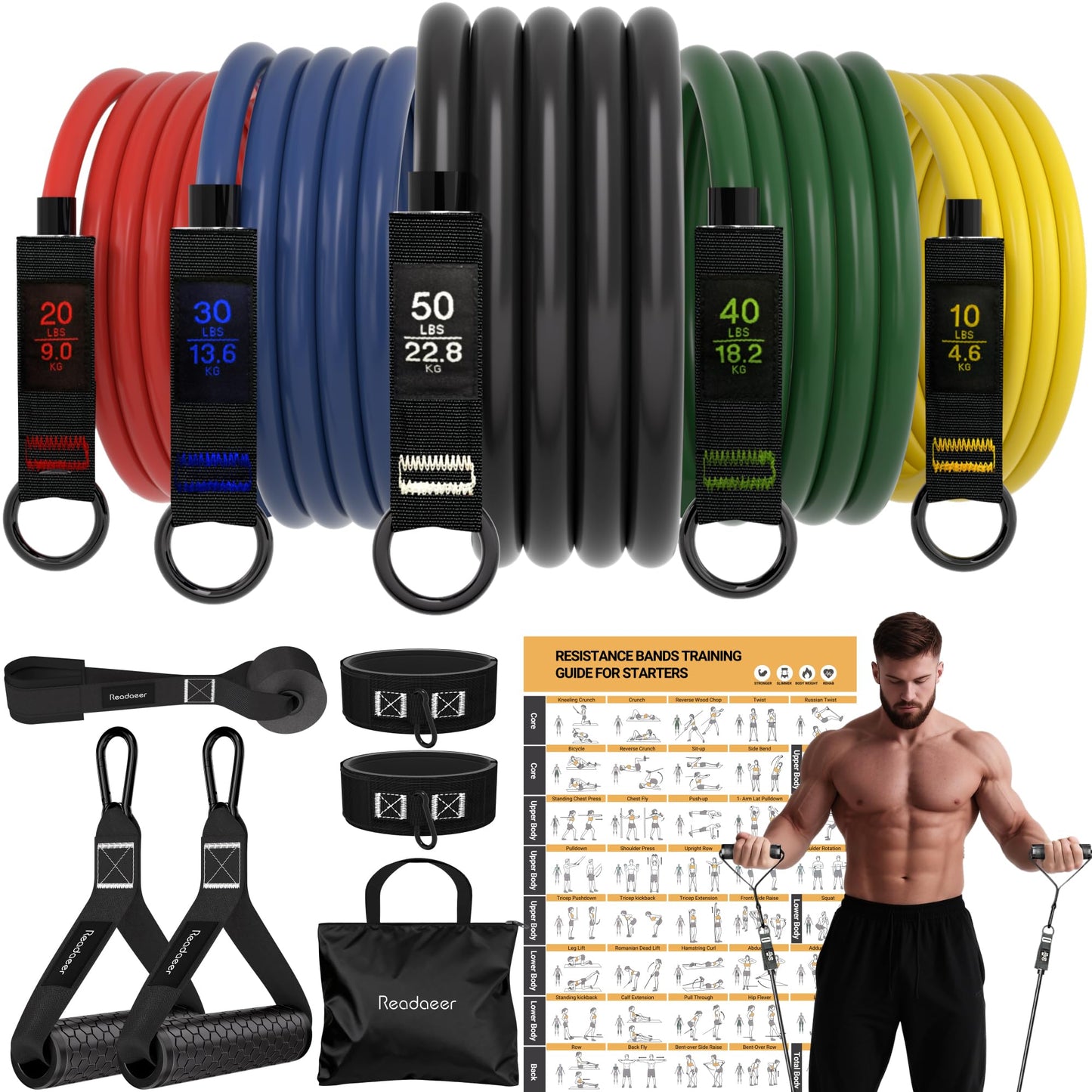 Readaeer Resistance Bands, Exercise Bands for Working Out, Work Out Bands with Handles for Men and Women for Indoor and Outdoor Sports, Fitness, Suspension, Speed Strength, Training, Home Gym,Yoga