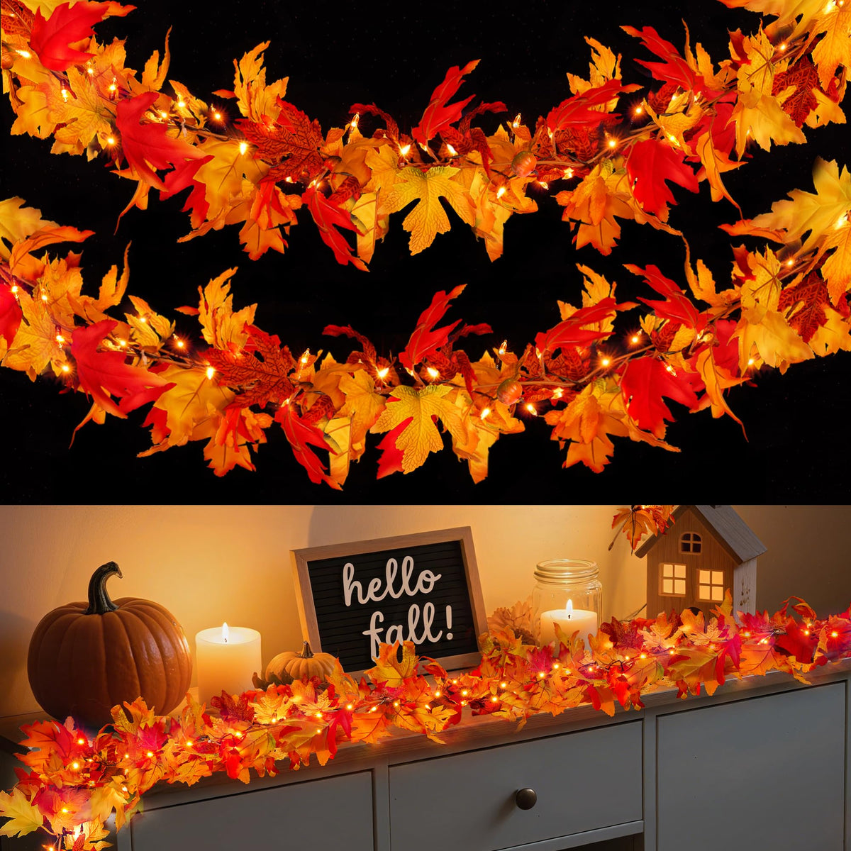 Fall Decorations for Home 9 FT Pre-lit Fall Garland with 50 LED Orange Lights, Auto Timer, 8 Lighting Modes, Waterproof Battery Operated Maple Leaf