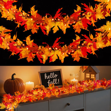 Fall Decorations for Home 9 FT Pre-lit Fall Garland with 50 LED Orange Lights, Auto Timer, 8 Lighting Modes, Waterproof Battery Operated Maple Leaf