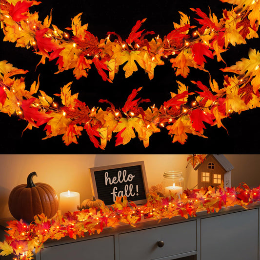 Fall Decorations for Home 9 FT Pre-lit Fall Garland with 50 LED Orange Lights, Auto Timer, 8 Lighting Modes, Waterproof Battery Operated Maple Leaf